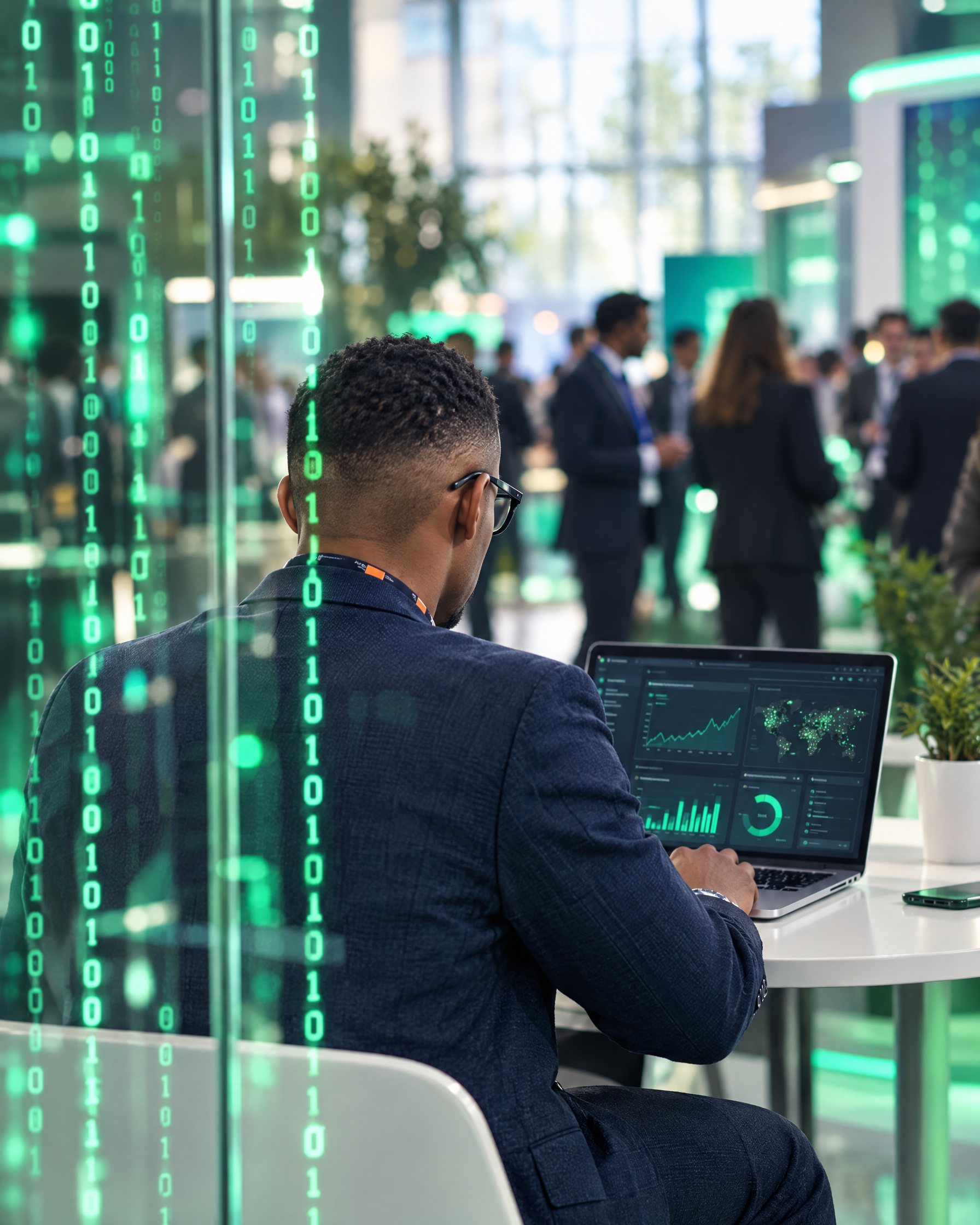 Karamo Sylla de dos sur son ordinateur au GITEX, derrière un rideau de code binaire vert