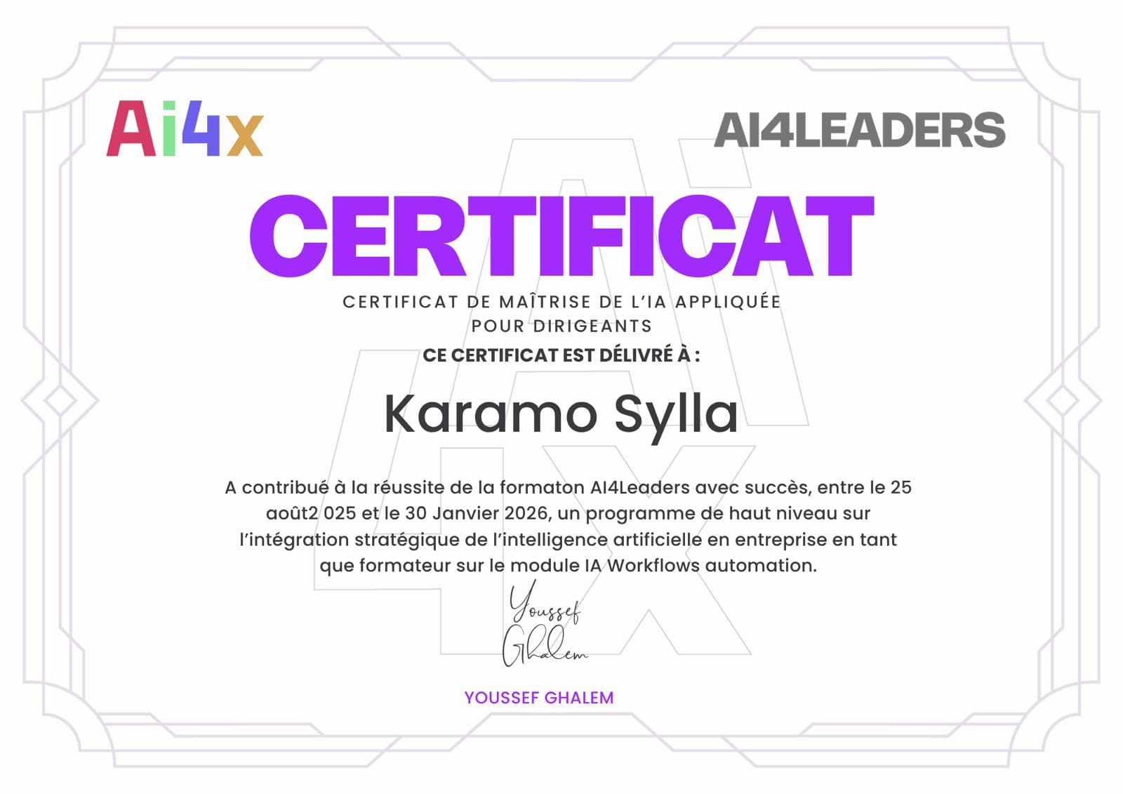 Certificat AI4Leaders remis à Karamo Sylla
